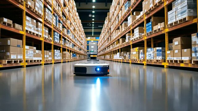 Automated robots navigating through shelves filled with goods in a large warehouse, optimizing the fulfillment process through advanced robotics