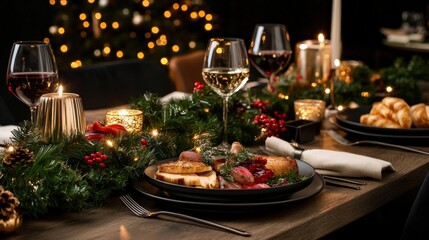 A Christmas table set for a festive feast, with candles, evergreen garlands, and sparkling wine glasses