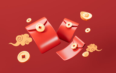 Chinese red envelopes with gold coins, gold ingots, Chinese Spring Festival , happy new year, 3d rendering.
