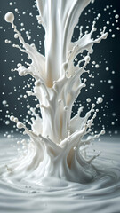 Obraz premium A close-up shot of a white liquid, possibly milk or cream, splashing and creating a crown-like shape with numerous droplets dispersed in the air.
