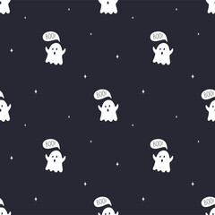 Halloween seamless pattern with ghosts saying Boo. Cute background for Halloween party fabric or kids stuff. Ghosts in cartoon flat style. Vector illustration	
