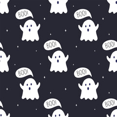 Halloween seamless pattern with ghosts saying Boo. Cute background for Halloween party fabric or kids stuff. Ghosts in cartoon flat style. Vector illustration 