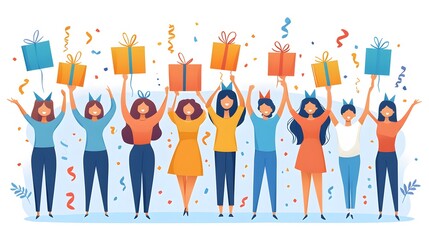 Office colleagues wearing party hats and celebrating success, modern vector design