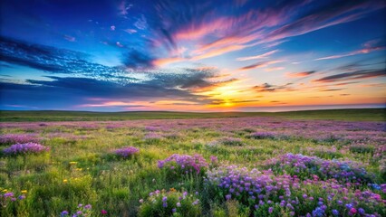 Fototapeta premium Grassy meadow at twilight with wildflowers