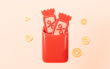 Discount coupon with red envelope, flying gold coins, 3d rendering.