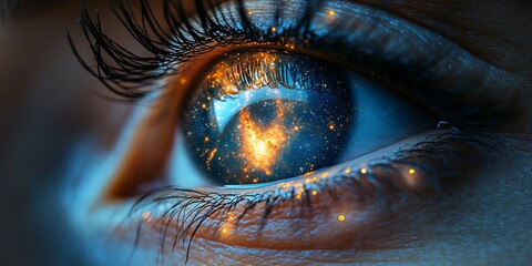 A close-up of an eye reflecting a vibrant, swirling galaxy