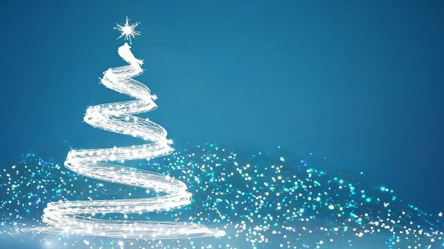 Christmas tree model made of white sparkling stars isolated on light blue background. Swirling, spinning, rotating animation. Holiday magic digital card, decoration for festive holiday season.