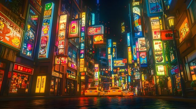 A vibrant city at night illuminated by glowing 3D street signs and billboards, with lights that seem to leap off the scene, creating a dynamic urban atmosphere 