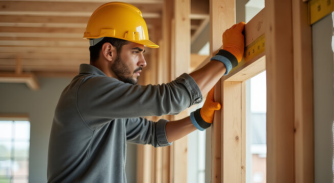 A man in a yellow hard hat is measuring a piece of wood
