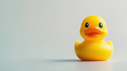 A bright yellow rubber duck sits alone on a smooth surface in a minimalistic setting, capturing attention with its cheerful expression