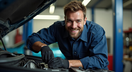 A mechanic is smiling while working on a car engine