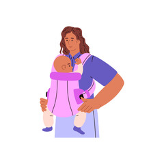 Mother standing with infant in ergo baby carrier, incorrect use vector infographic front view, unfastens straps of wrap