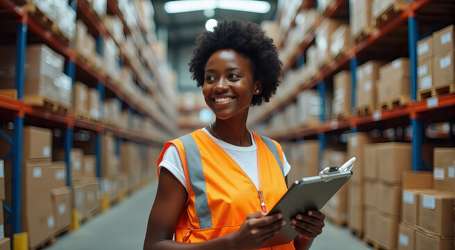 A woman in an orange vest is smiling and holding a clipboard