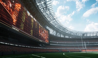 Stadium with scoreboard and crowd.