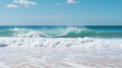 A turquoise ocean wave crashes on a sandy beach, creating white foam that spreads across the shore under a blue sky with white clouds.