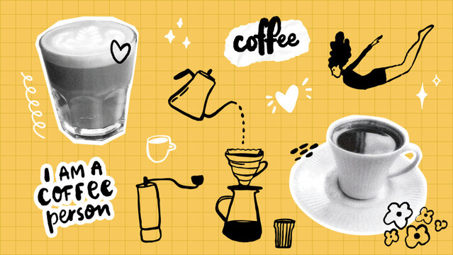 Coffee collage board, halftone black white cups, hand drawn doodles. Trendy banner for coffeshops, cafe, social media design set on yellow background