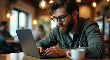 A man with a beard is typing on a laptop in a cafe