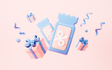 Cartoon coupon and gifts in the pink background, 3d rendering.