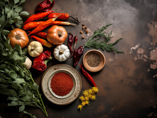 Flat lay composition of autumn harvest pottery, vegetables and herbs. Rustic fall decor. Background with pumpkins and herbs.  Food blog concept

