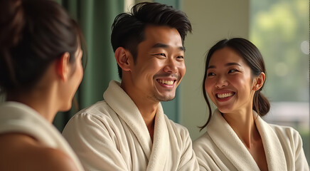 A man and woman are smiling at the camera while wearing matching robes