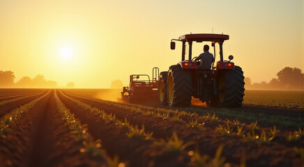 Obraz premium A man is driving a tractor through a field of crops