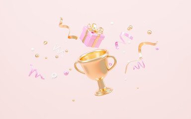 Golden trophy with floating gift, floating gold ribbons, celebration, winner, champion and reward concept, 3d rendering.