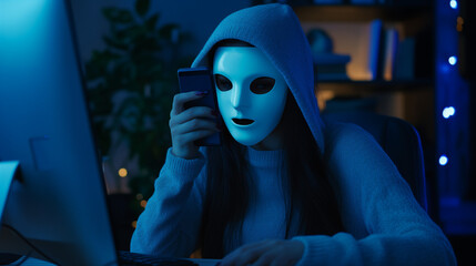A woman hacker in white anonymous face mask and hoody holding a smartphone try to scamming on online social media network.