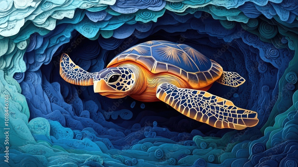 Poster turtles in natural habitat swimming gracefully through the water showcasing their unique patterns an