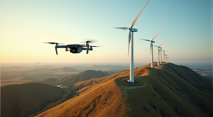 A drone is flying over a field of wind turbines