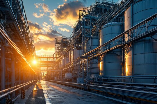 Industrial complex with large cylindrical tanks and steel structures at sunset