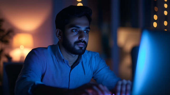 IT department Indian man working overtime staring on his computer's screen.