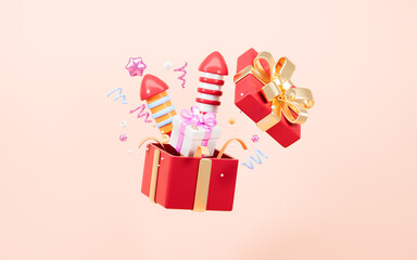 Cartoon firecracker and rocket with explosion confetti. Birthday surprise, holiday and event celebration, 3d rendering.
