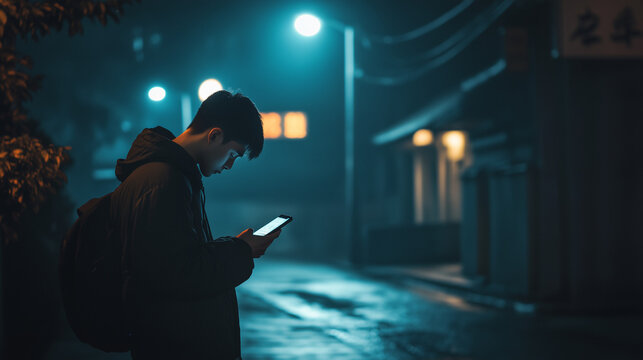 Lonely young Asian man using smartphone for gaming, shopping or dating app by the street at night. 