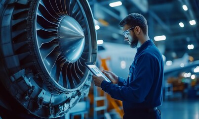 Mechanic inspecting aircraft engine with tablet.