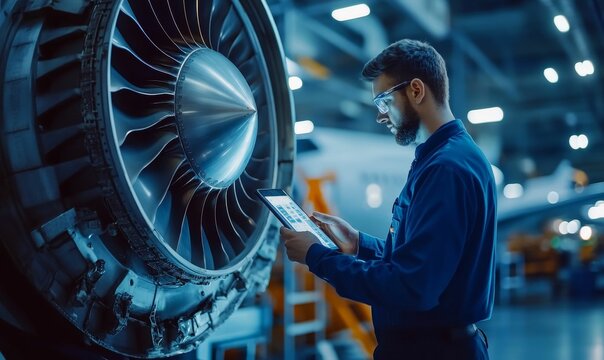 Mechanic inspecting aircraft engine with tablet.