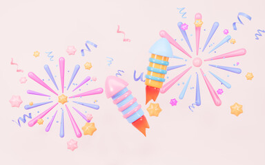 Cartoon firecracker and rocket with explosion confetti. Birthday surprise, holiday and event celebration, 3d rendering.