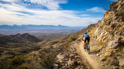 Fototapeta premium A cyclist navigating a mountain trail, the rugged terrain under their tires, and stunning views of distant hills and valleys as they push through the rocky path
