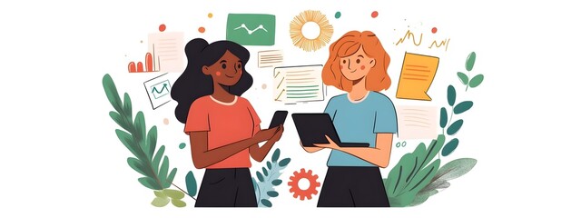 Fototapeta premium Two women working together on digital marketing, flat vector illustration with white background and colorful icons