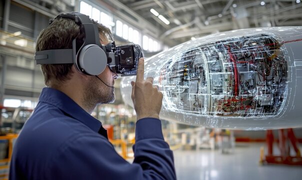 Man wearing VR headset examines engine schematic.