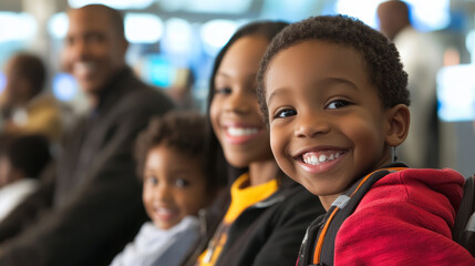 A family in an airport departure area, parents and children gathered near a gate, waiting excitedly to board a plane, while announcements play in the background