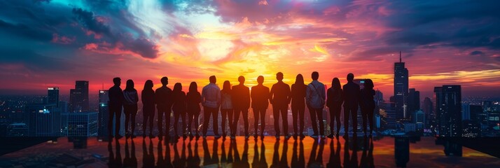 Silhouette of quality team on the rooftop of a building showing the atmosphere of a big city during sunset.