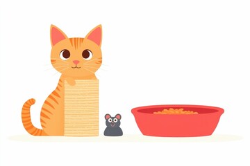 Stylized Icon Depicting Cat Scratching Post Food Bowl and Toy Mouse Grouped Together in a Clean Flat Design Style on a White Background