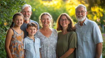 Obraz premium A multi-generational family portrait taken outdoors, with grandparents, parents, and children standing together in a sunlit garden, all smiling warmly
