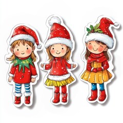 Christmas stickers with three girls in Christmas clothes on white background. Children in santa hats. Cheerful children celebrating New Year. 