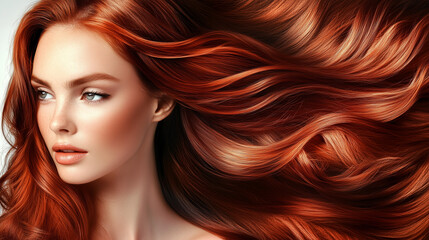 Fototapeta premium Modell con capelli lunghi e vibranti, con un'acconciatura sana e lucente. Ritratto di moda di una bellissima modella in un ambiente da studio. Pubblicità parrucchiere.
