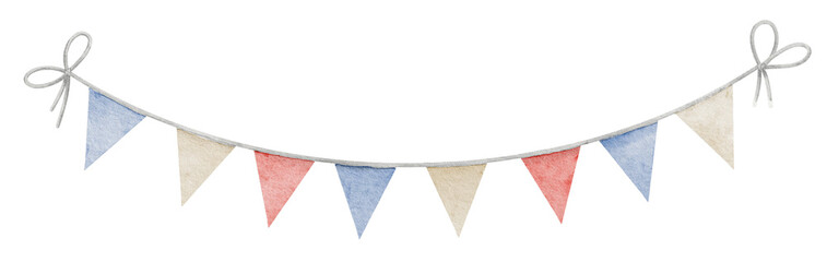 Bunting Flag. Watercolor illustration of triangular garland in pastel blue, red and yellow colors. Drawing of pennants for Baby shower party greeting cards or party invitation cards. Cute hanging. © Alisles