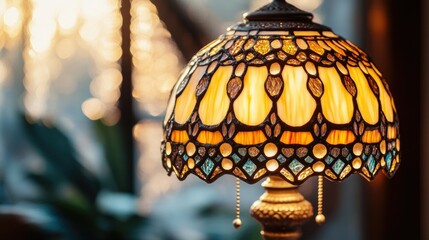 A vintage-style lamp with intricate details and a stained glass shade, artistically displayed on a white background to showcase its unique charm.
