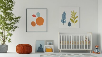 A whimsical baby room showcasing a stylish crib, colorful artwork, and a cozy reading nook, arranged on a bright white background to capture the essence of childhood.