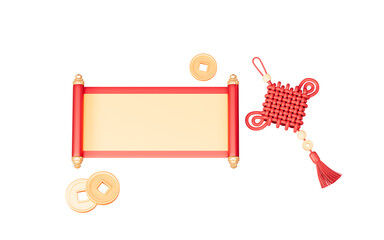 Empty Chinese style scroll, Chinese new year element, empty scroll template, happy new year, Spring Festival theme background, 3d rendering.