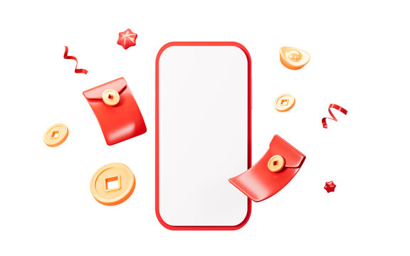 Red envelopes and mobile phone, coupons and vouchers, marketing discount background, 3d rendering.